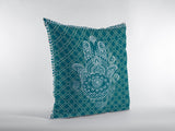 16” Teal White Hamsa Indoor Outdoor Throw Pillow