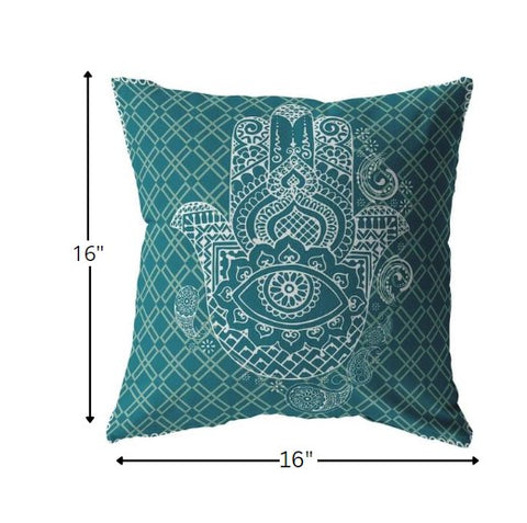 16” Teal White Hamsa Indoor Outdoor Throw Pillow