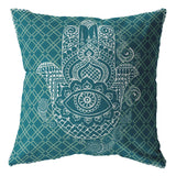 18” Teal White Hamsa Indoor Outdoor Throw Pillow