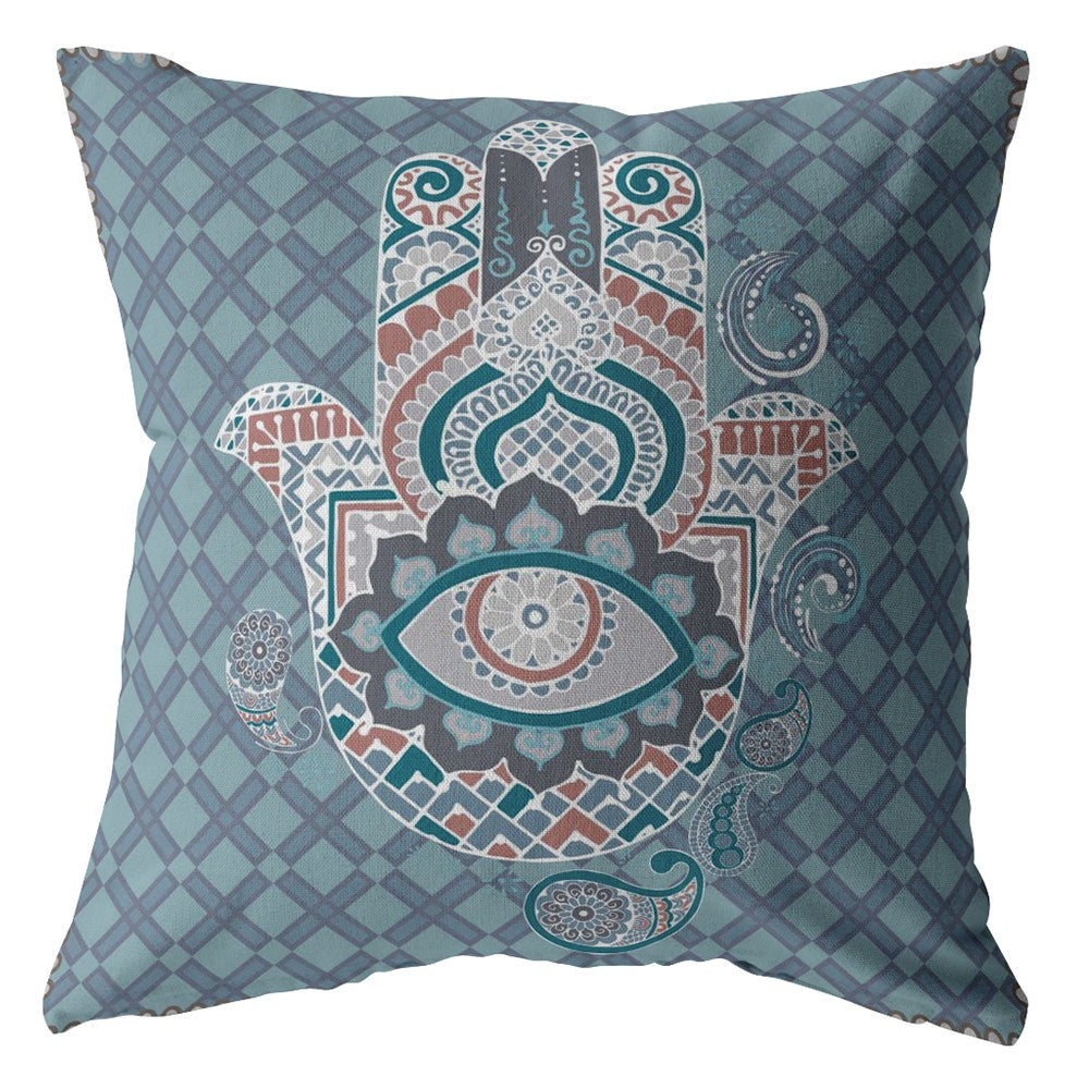 16” Slate Blue Hamsa Indoor Outdoor Throw Pillow