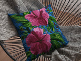 16” Pink Blue Hibiscus Indoor Outdoor Throw Pillow