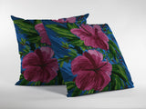 16” Pink Blue Hibiscus Indoor Outdoor Throw Pillow