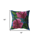 16” Pink Blue Hibiscus Indoor Outdoor Throw Pillow