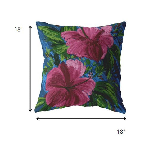 18” Pink Blue Hibiscus Indoor Outdoor Throw Pillow