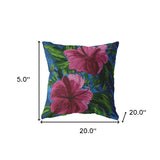 18” Pink Blue Hibiscus Indoor Outdoor Throw Pillow