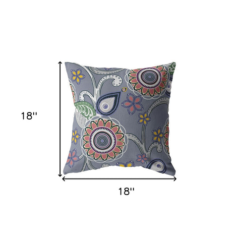 18” Gray Pink Floral Indoor Outdoor Throw Pillow