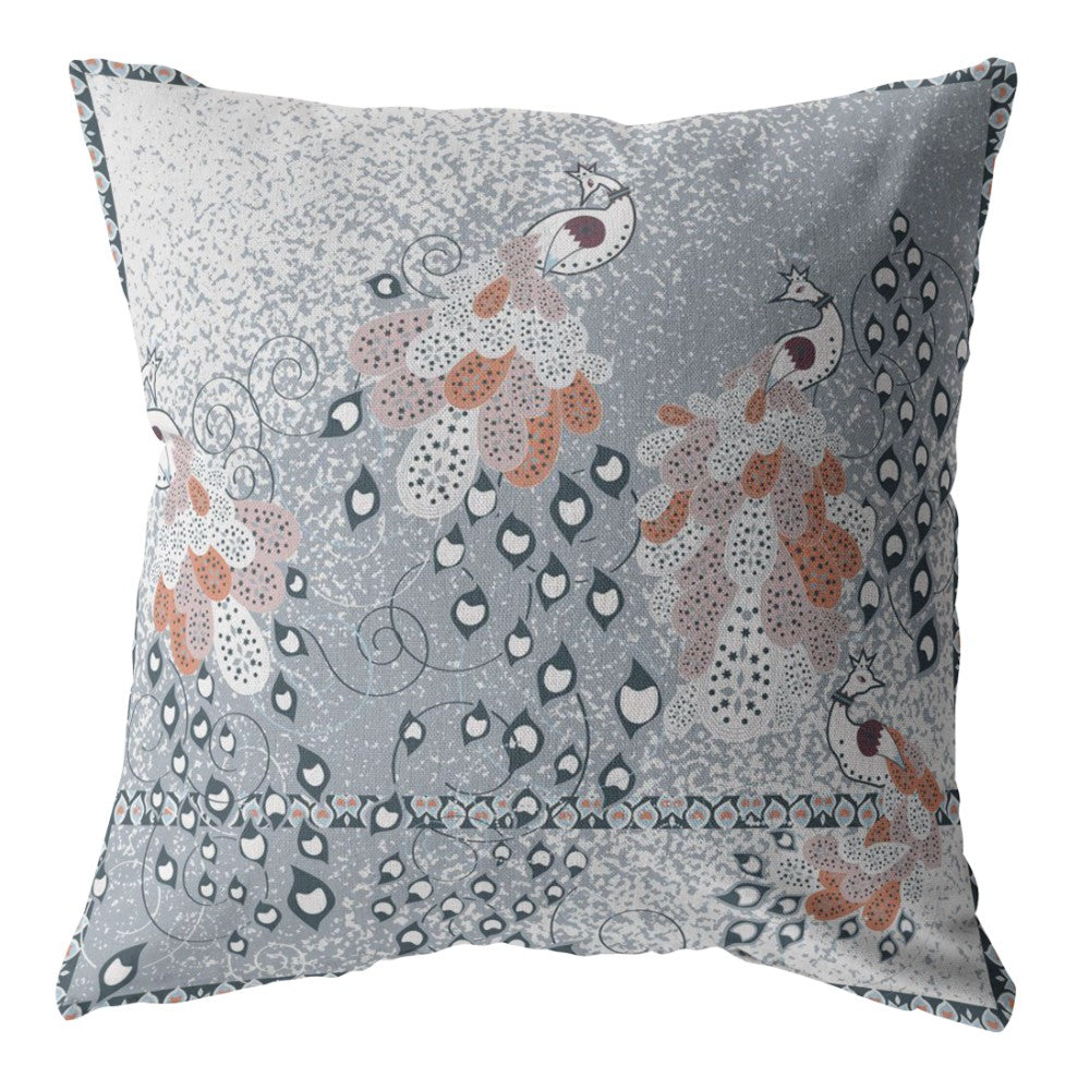 16” Gray Orange Boho Bird Indoor Outdoor Throw Pillow