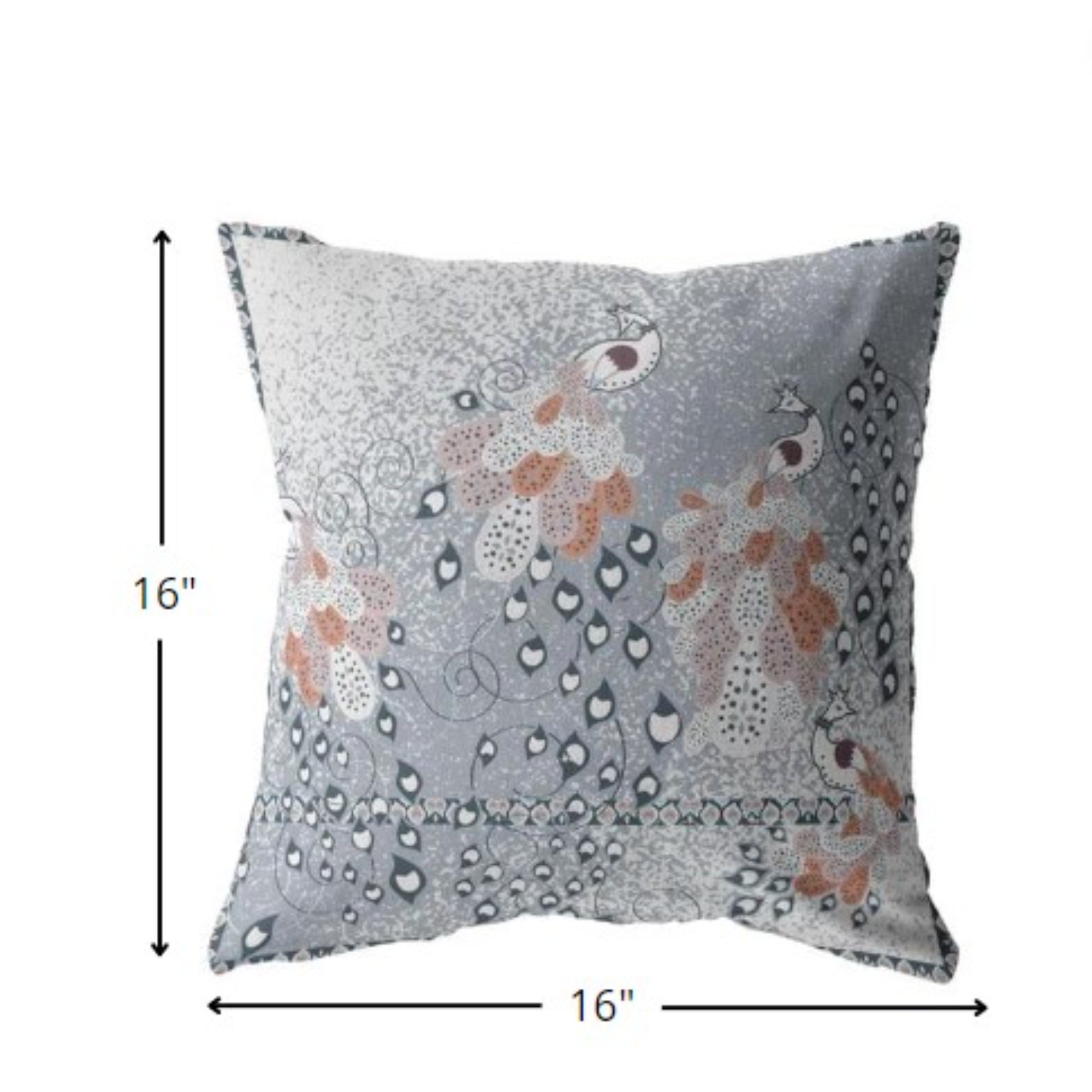 16” Gray Orange Boho Bird Indoor Outdoor Throw Pillow