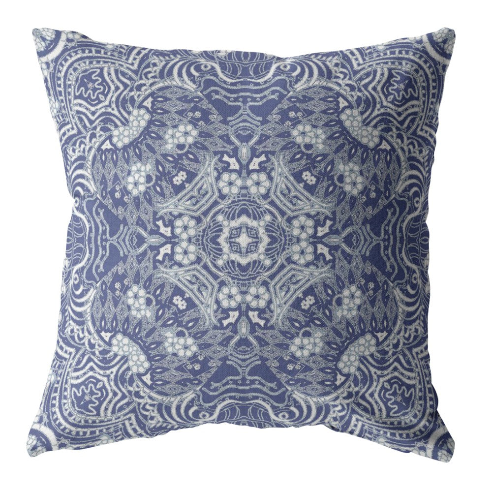 16” Indigo White Boho Ornate Indoor Outdoor Throw Pillow