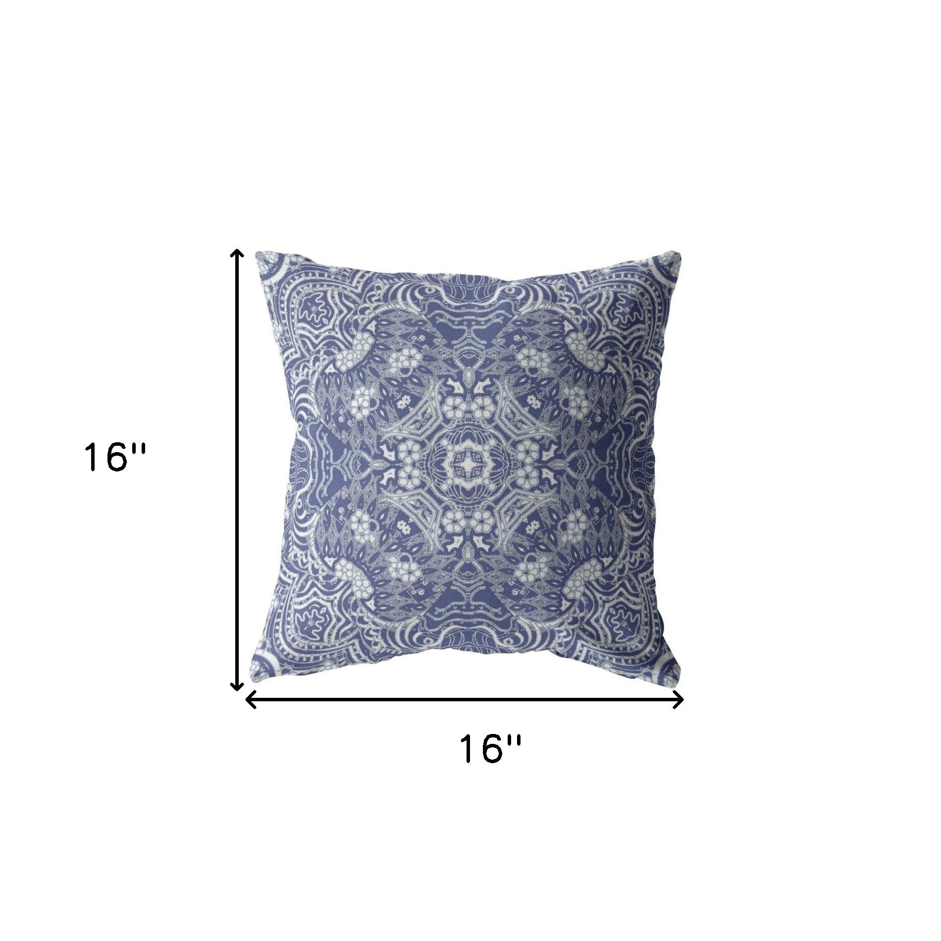 16” Indigo White Boho Ornate Indoor Outdoor Throw Pillow