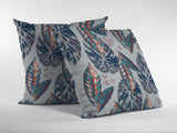 16” Blue Gray Tropical Leaf Indoor Outdoor Throw Pillow