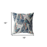 16” Blue Gray Tropical Leaf Indoor Outdoor Throw Pillow