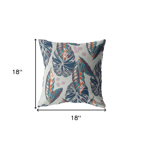 18” Blue Gray Tropical Leaf Indoor Outdoor Throw Pillow