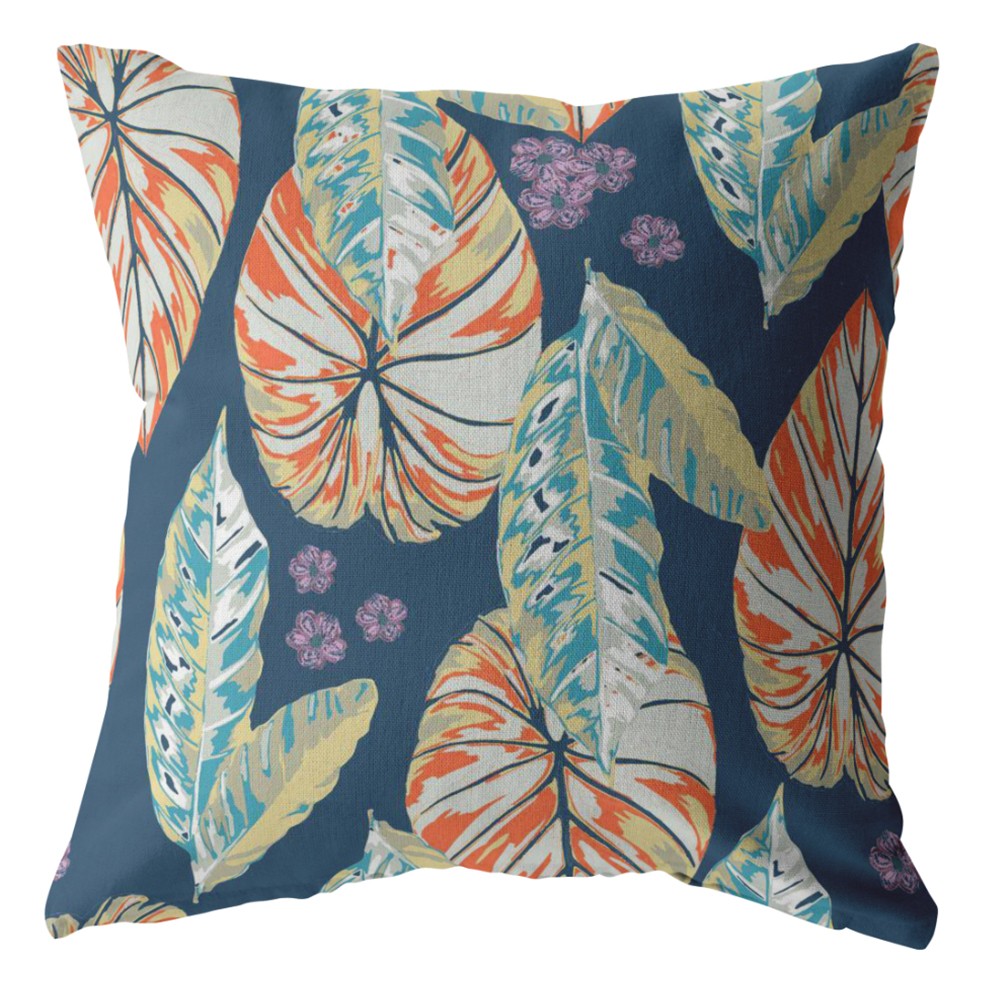 16” Orange Blue Tropical Leaf Indoor Outdoor Throw Pillow