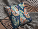 18” Orange Blue Tropical Leaf Indoor Outdoor Throw Pillow