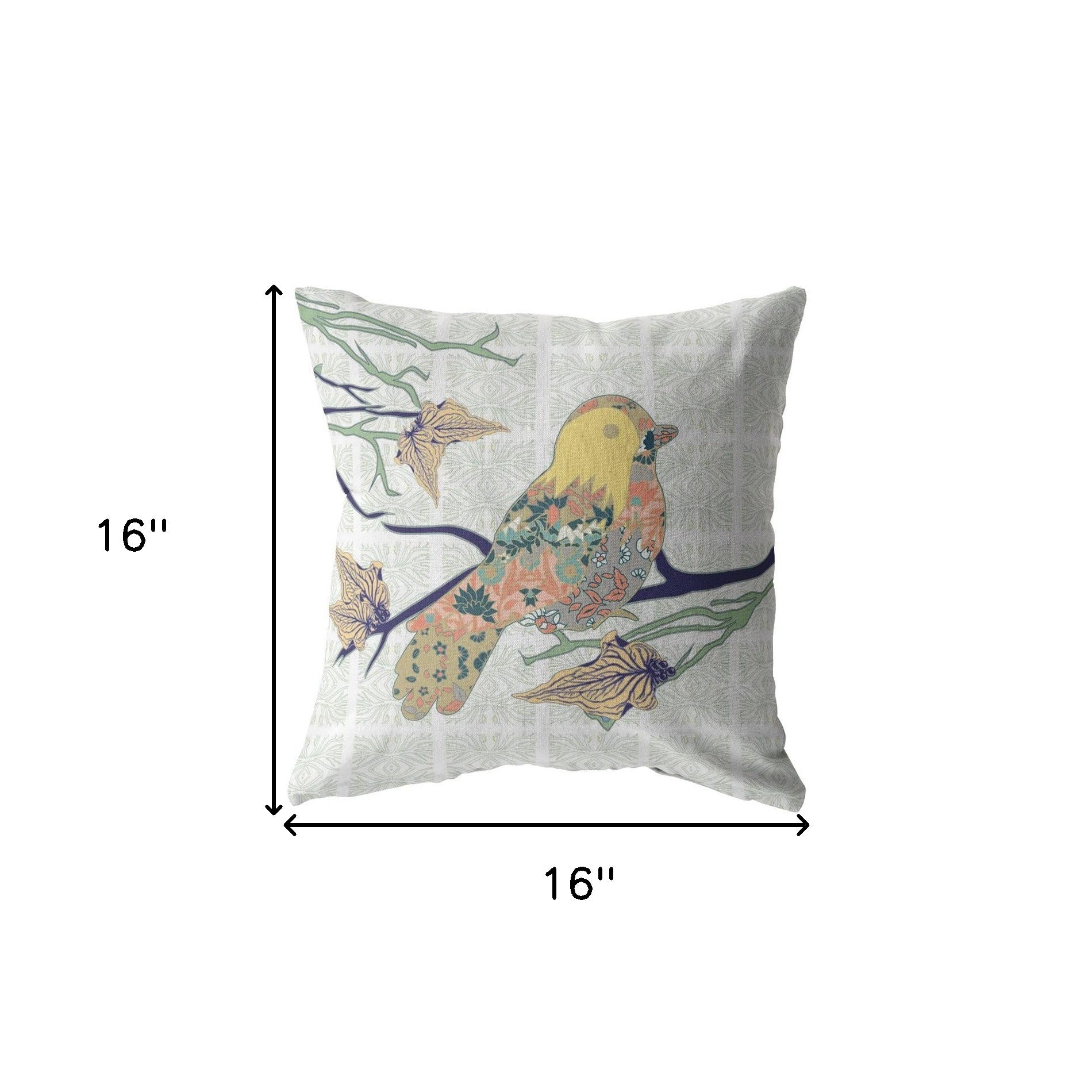 16" Light Green Sparrow Indoor Outdoor Zippered Throw Pillow