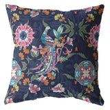 16" Navy Pink Peacock Indoor Outdoor Zippered Throw Pillow