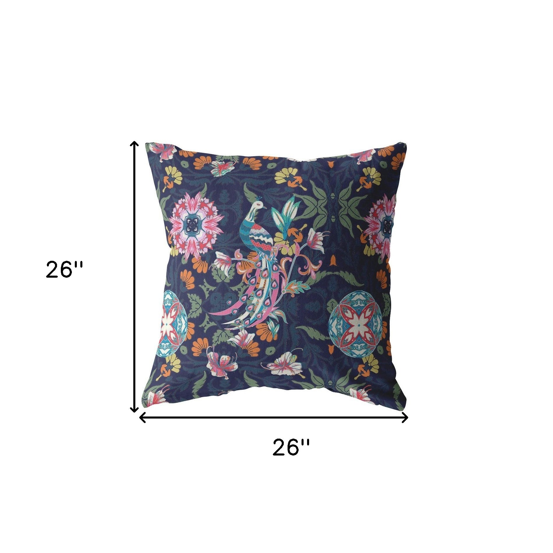 18" Navy Pink Peacock Indoor Outdoor Zippered Throw Pillow