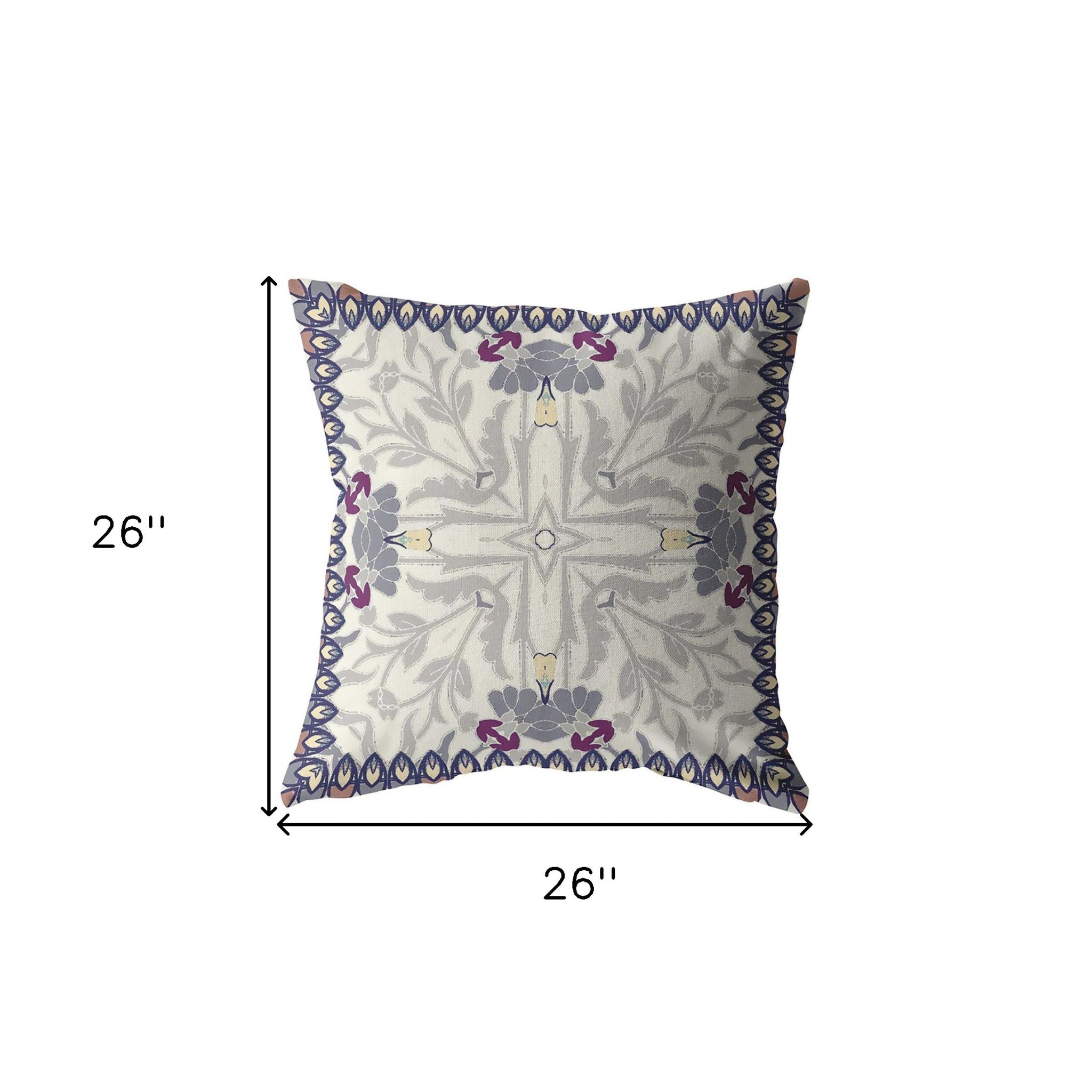 18" Gray Floral Frame Indoor Outdoor Zippered Throw Pillow