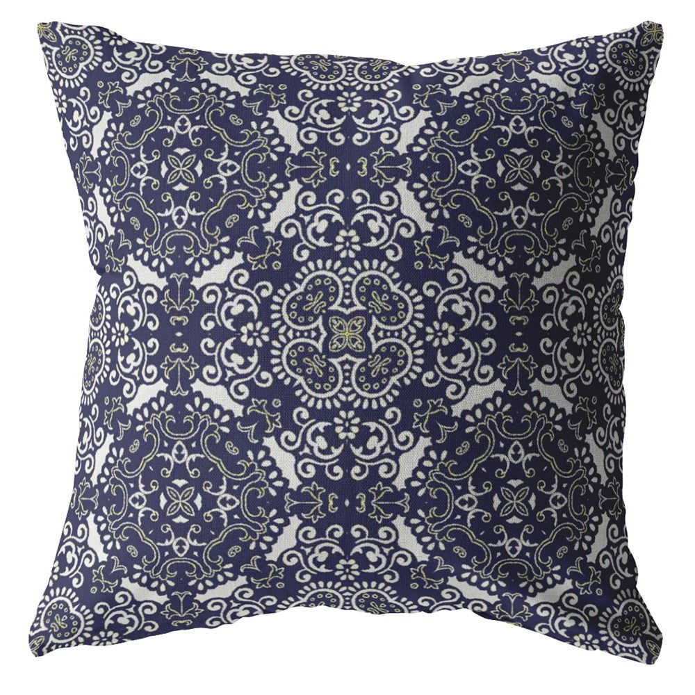 18" Navy Boho Indoor Outdoor Zippered Throw Pillow