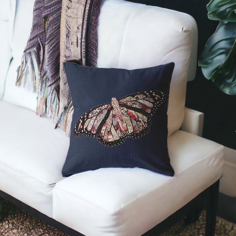 16" Denim Blue Butterfly Indoor Outdoor Zippered Throw Pillow