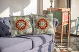 16" Orange Green Mandala Indoor Outdoor Zip Throw Pillow