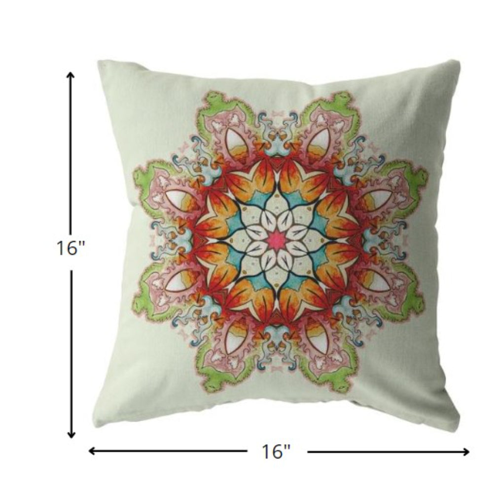 16" Orange Green Mandala Indoor Outdoor Zip Throw Pillow