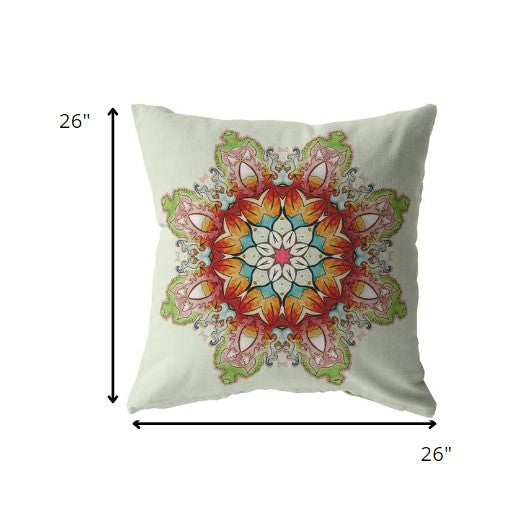 18" Orange Green Mandala Indoor Outdoor Zip Throw Pillow