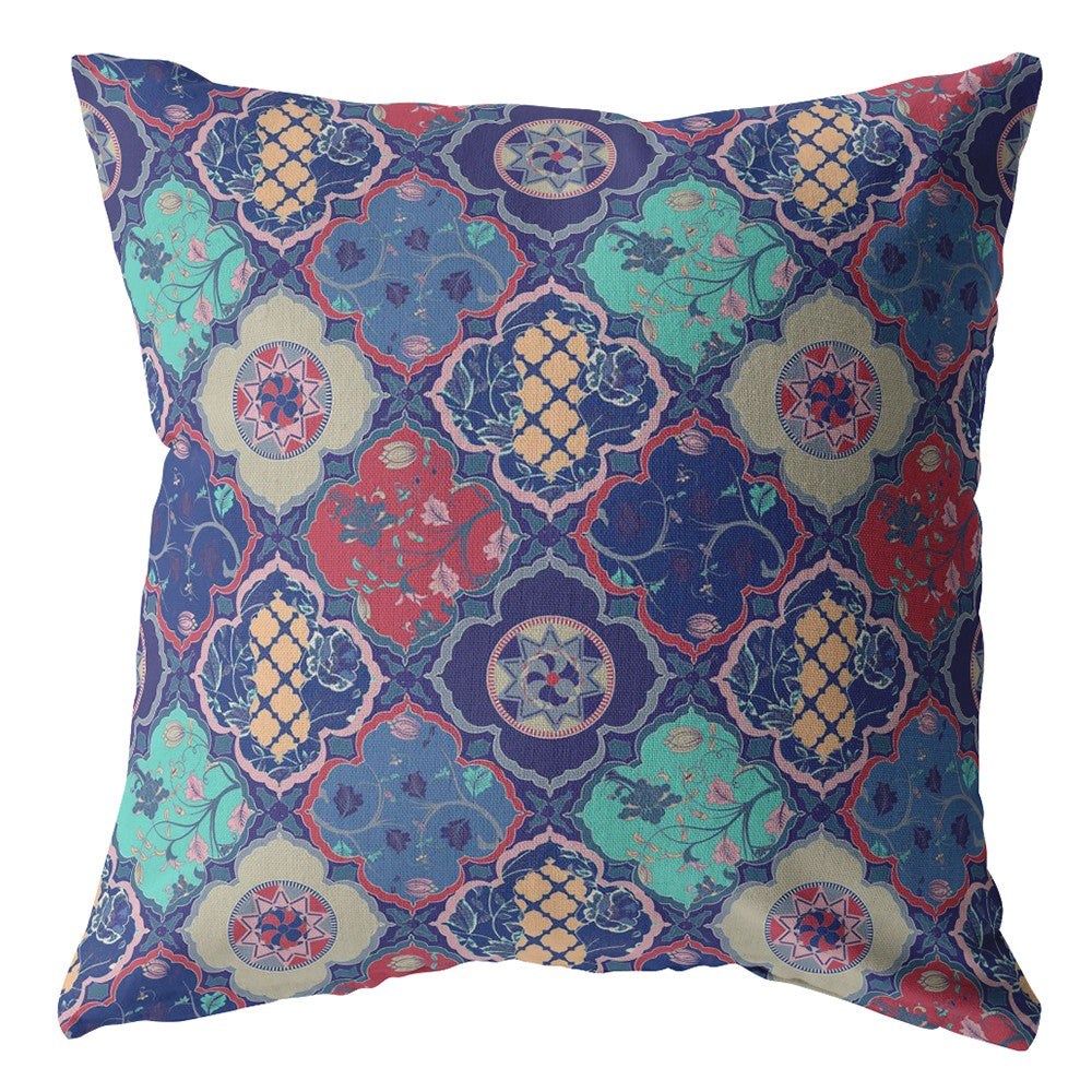 16” Navy Red Trellis Indoor Outdoor Zippered Throw Pillow