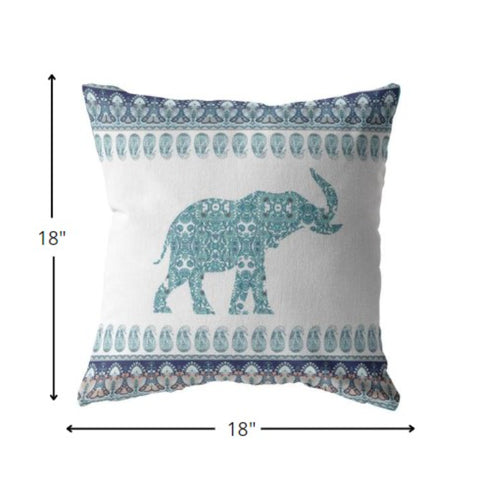 18” Teal Ornate Elephant Indoor Outdoor Zippered Throw Pillow