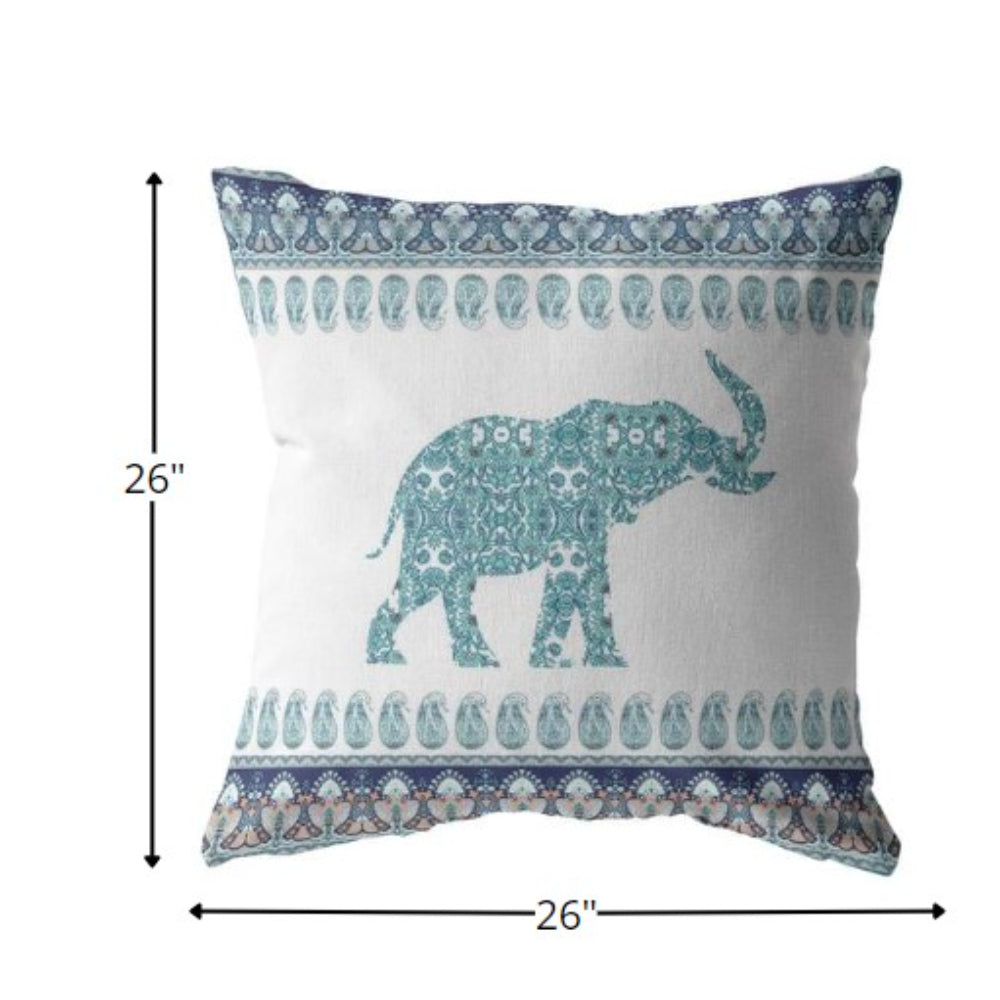 18” Teal Ornate Elephant Indoor Outdoor Zippered Throw Pillow