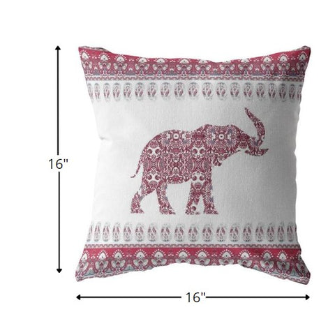 16” Red White Ornate Elephant Indoor Outdoor Zippered Throw Pillow