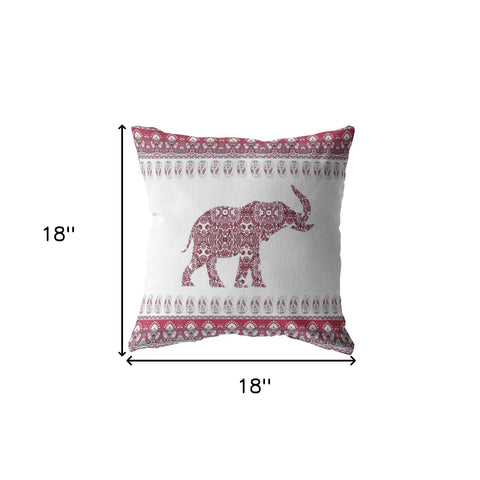 18” Red White Ornate Elephant Indoor Outdoor Zippered Throw Pillow