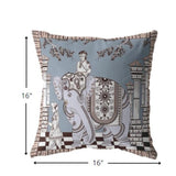 16” Blue Brown Ornate Elephant Indoor Outdoor Zippered Throw Pillow