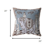 18” Blue Brown Ornate Elephant Indoor Outdoor Zippered Throw Pillow