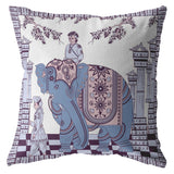 16” Blue Purple Ornate Elephant Indoor Outdoor Zippered Throw Pillow