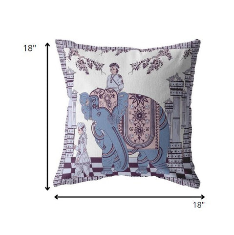 18” Blue Purple Ornate Elephant Indoor Outdoor Zippered Throw Pillow