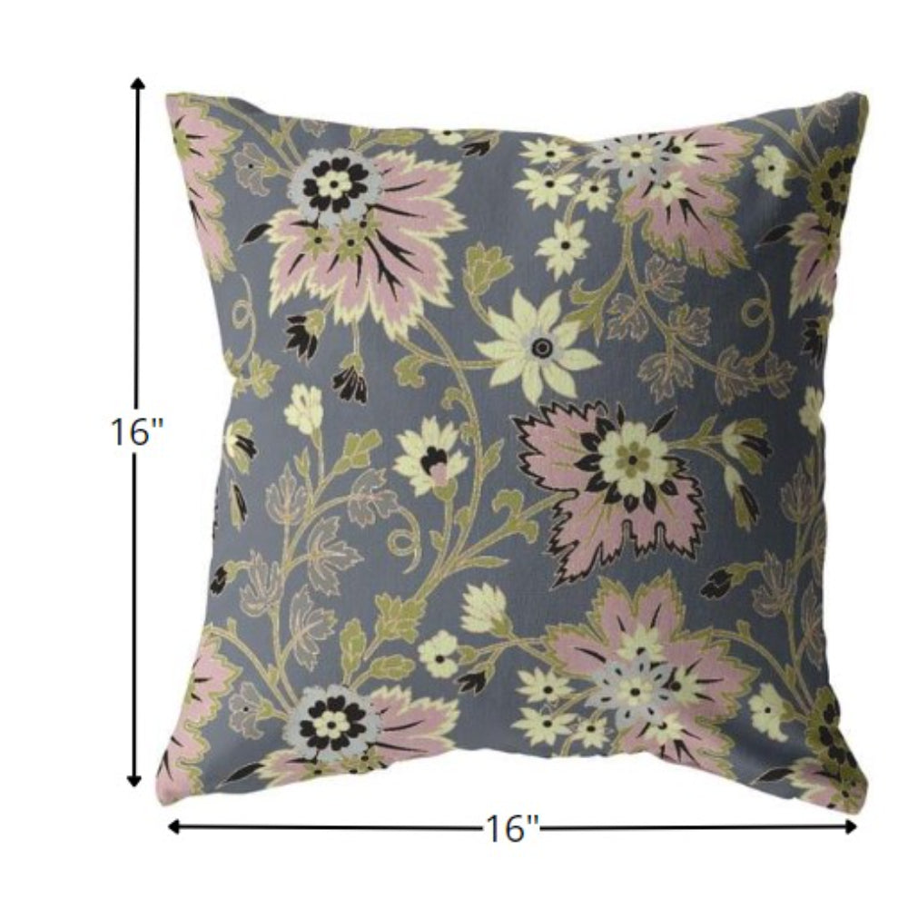 16” Gray Pink Jacobean Indoor Outdoor Zippered Throw Pillow