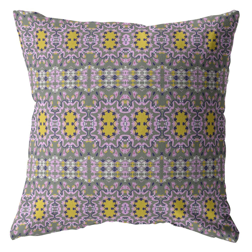 16” Purple Yellow Geofloral Indoor Outdoor Zippered Throw Pillow