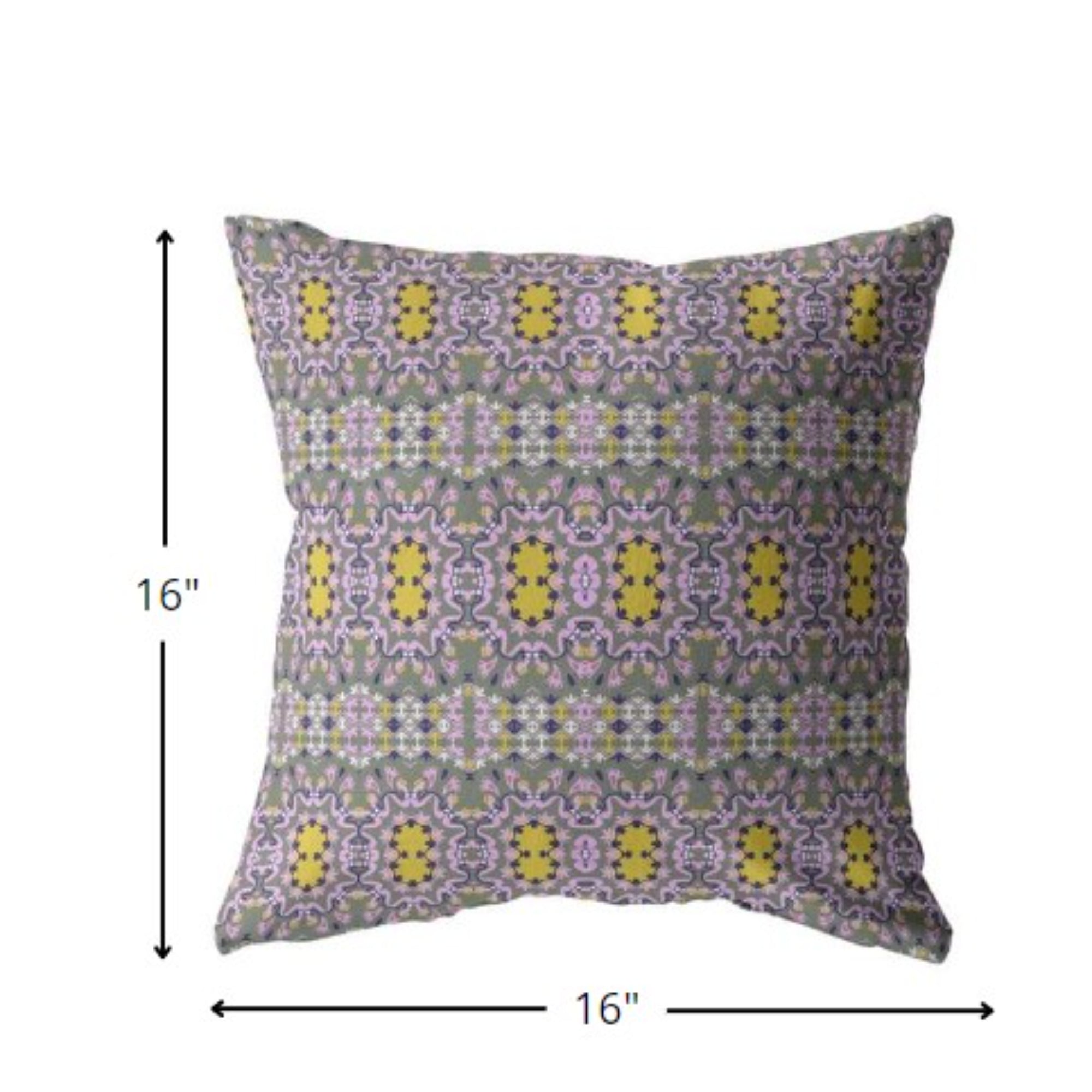 16” Purple Yellow Geofloral Indoor Outdoor Zippered Throw Pillow