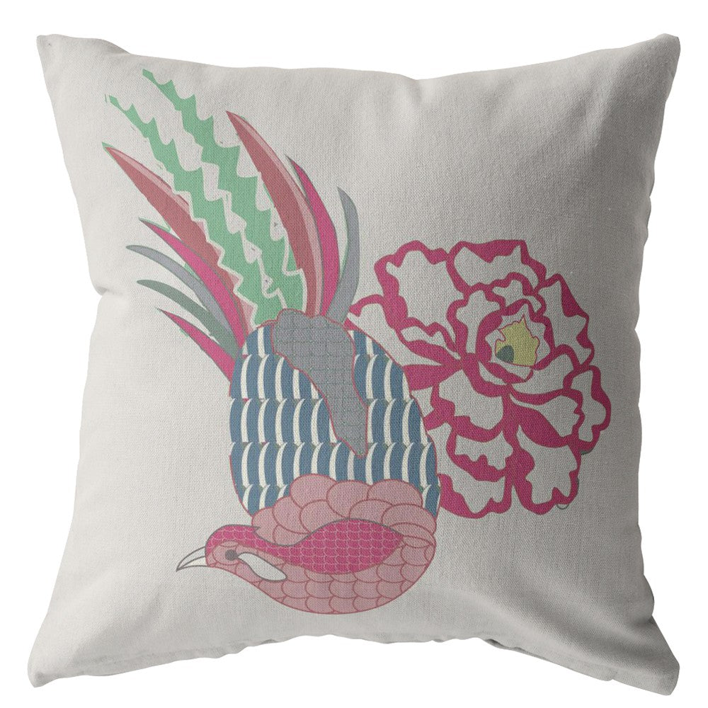 16” Pink White Peacock Indoor Outdoor Zippered Throw Pillow