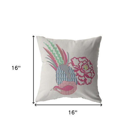 16” Pink White Peacock Indoor Outdoor Zippered Throw Pillow