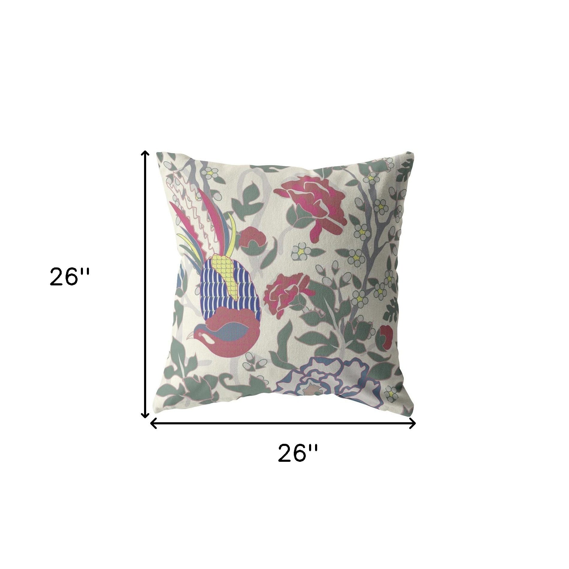 18” Pink Sage Peacock Indoor Outdoor Zippered Throw Pillow