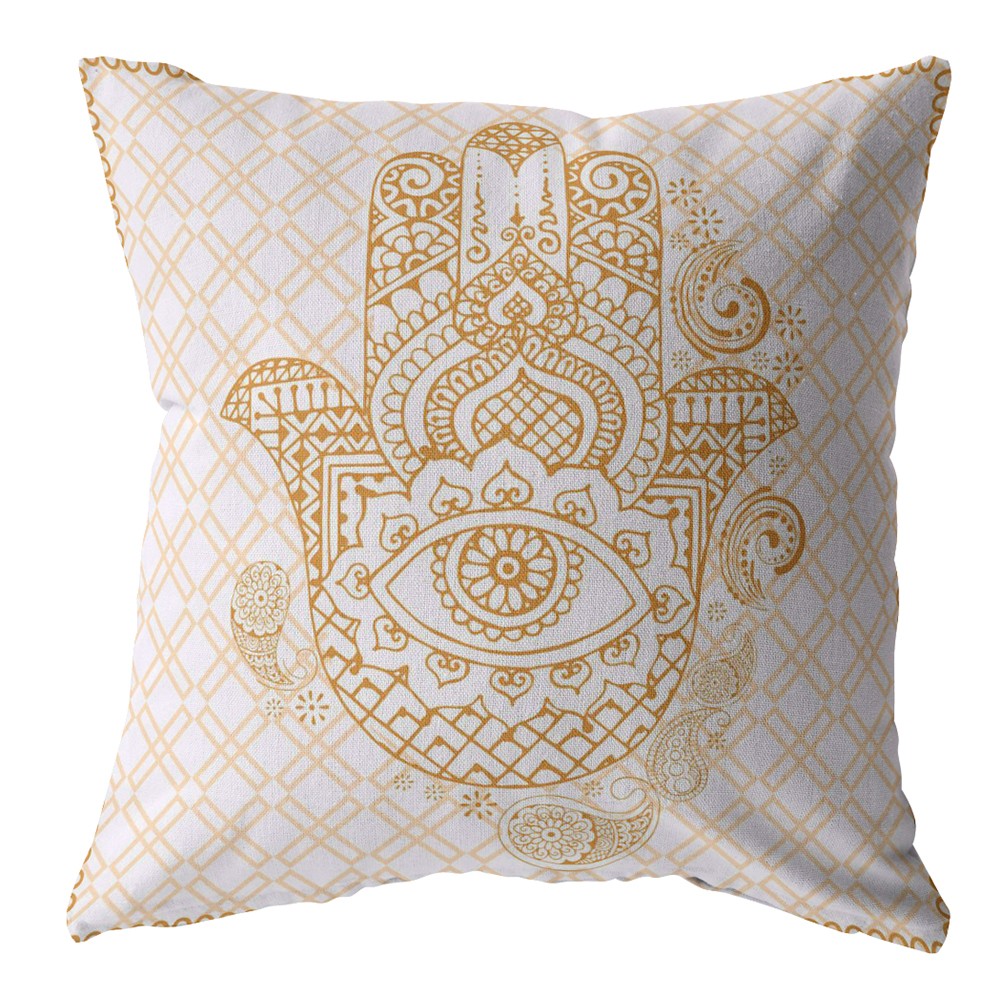 16” Gold White Hamsa Indoor Outdoor Zippered Throw Pillow