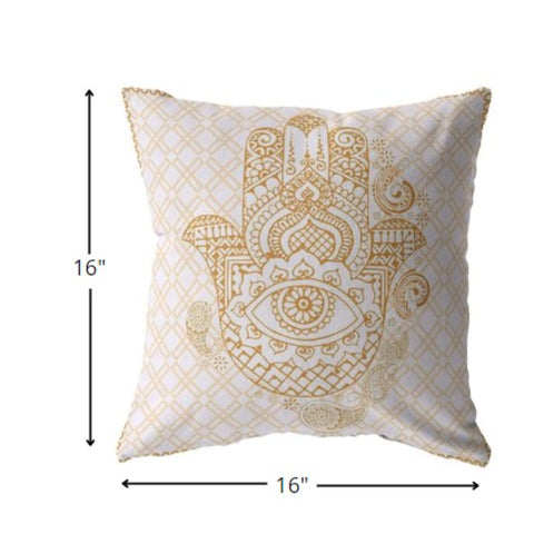 16” Gold White Hamsa Indoor Outdoor Zippered Throw Pillow