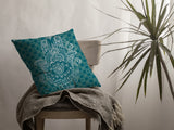 16” Teal White Hamsa Indoor Outdoor Zippered Throw Pillow