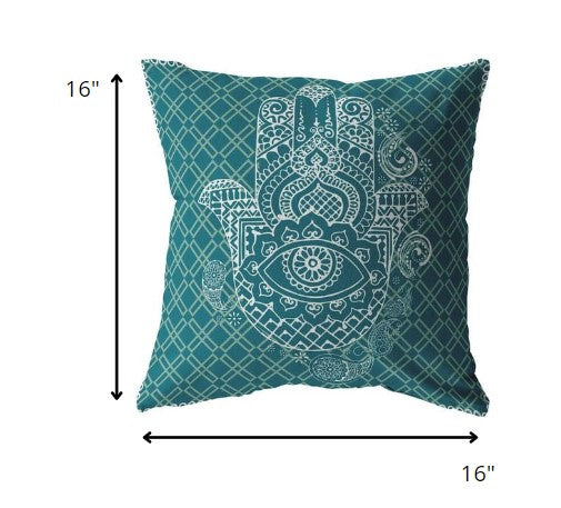 16” Teal White Hamsa Indoor Outdoor Zippered Throw Pillow