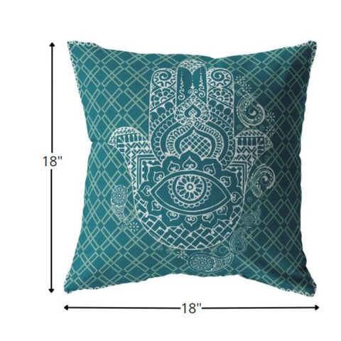 18” Teal White Hamsa Indoor Outdoor Zippered Throw Pillow