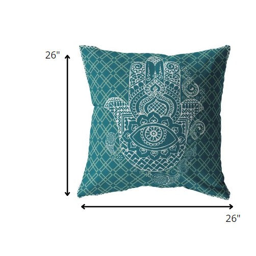 18” Teal White Hamsa Indoor Outdoor Zippered Throw Pillow