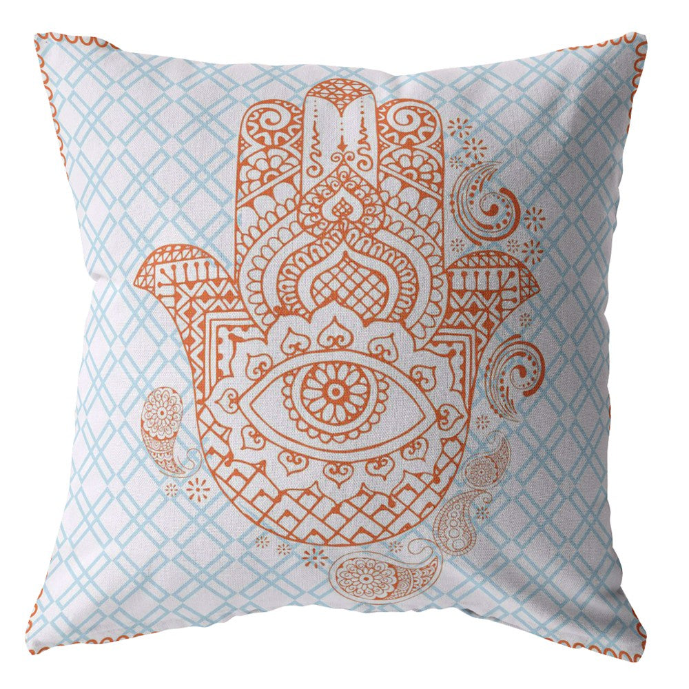 16” Blue Orange Hamsa Indoor Outdoor Zippered Throw Pillow